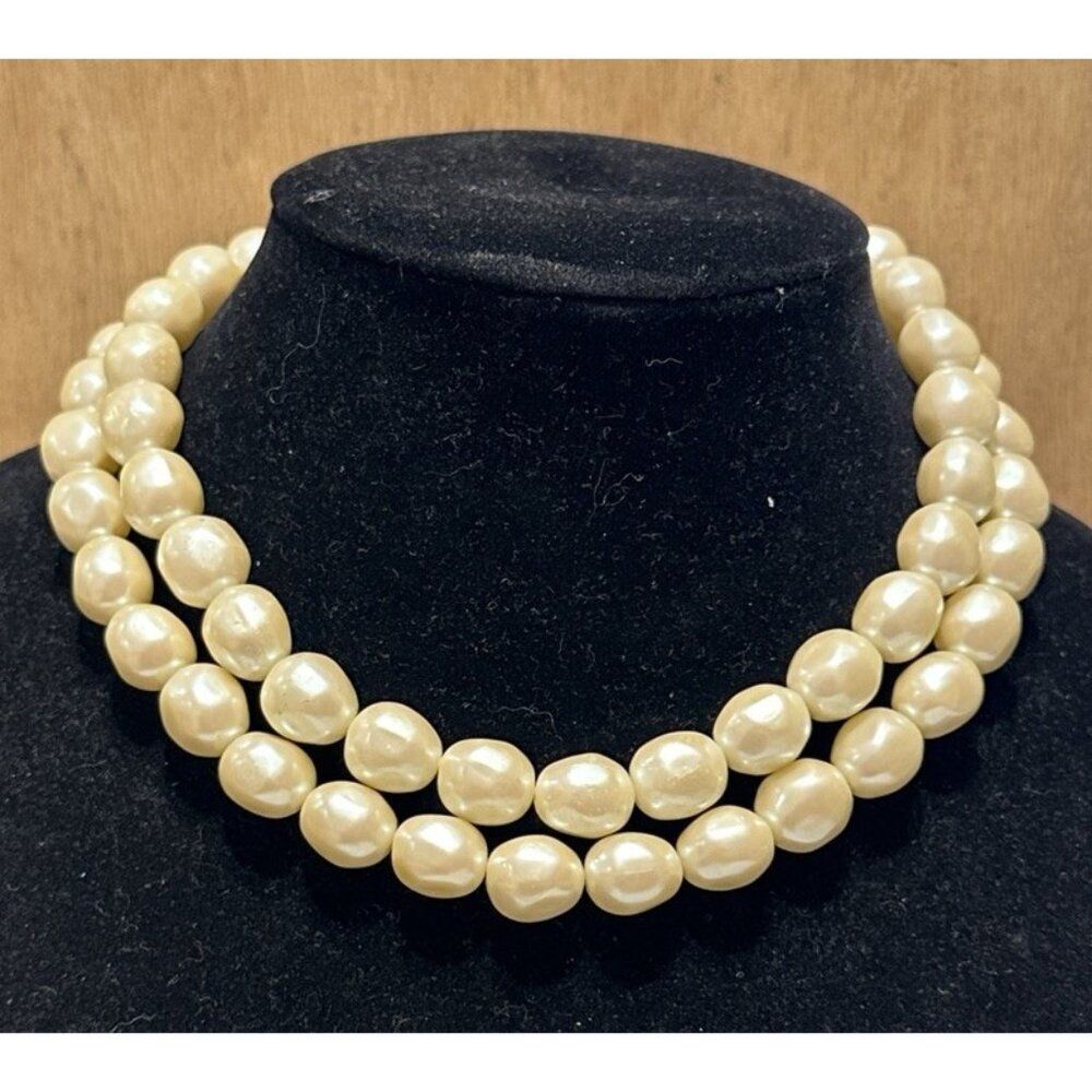 VTG Multistrand Faux Pearl Large Beaded Necklace Gold Tone Wedding Formal